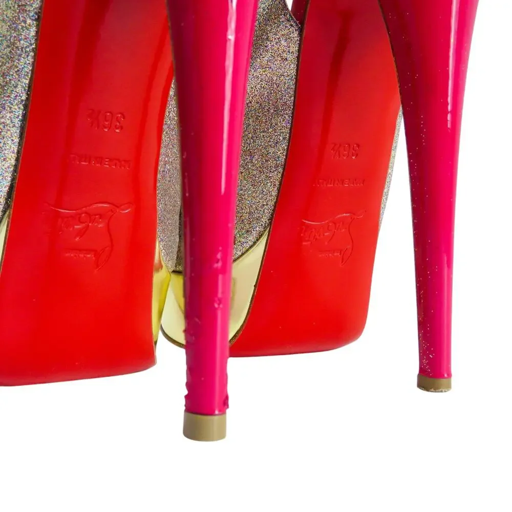 Christian Louboutin Lady Peep Slingback Glitter Pumps Platine Gold Pink Red 36.5
